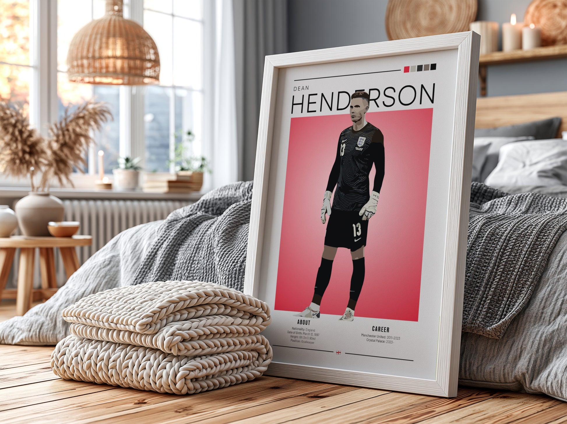 Dean Henderson poster featuring England National Team colors and modern design, perfect for football fans.