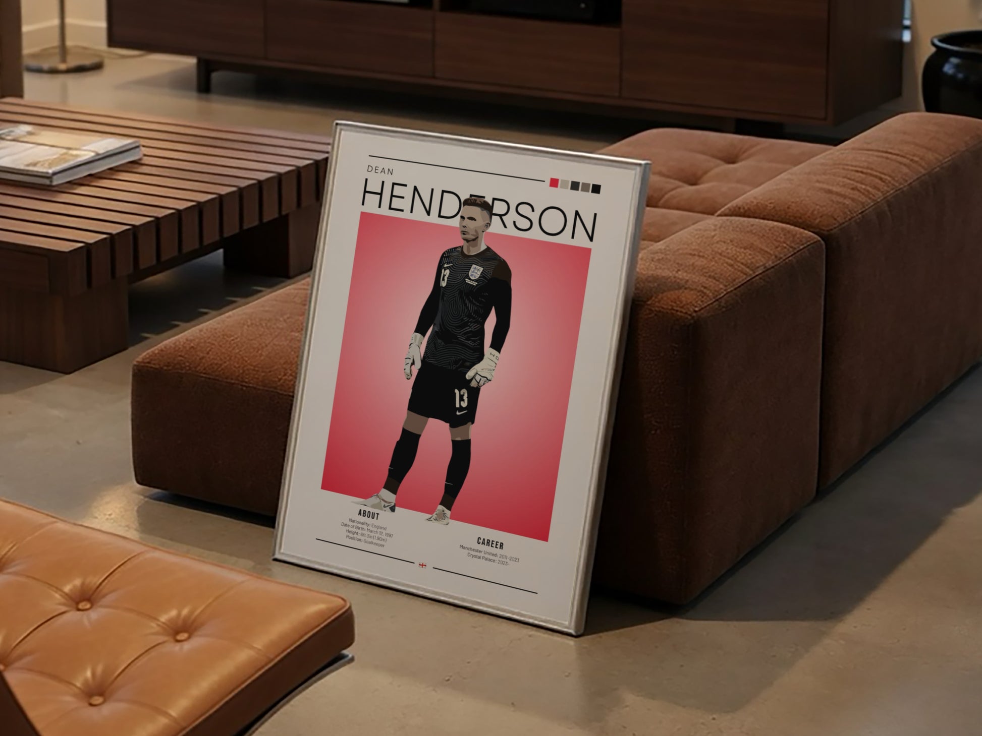 Dean Henderson poster featuring England National Team colors and modern design, perfect for football fans.