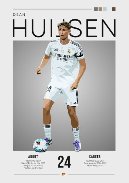 Real Madrid football player poster featuring Dean Huijsen in vibrant colors and modern design