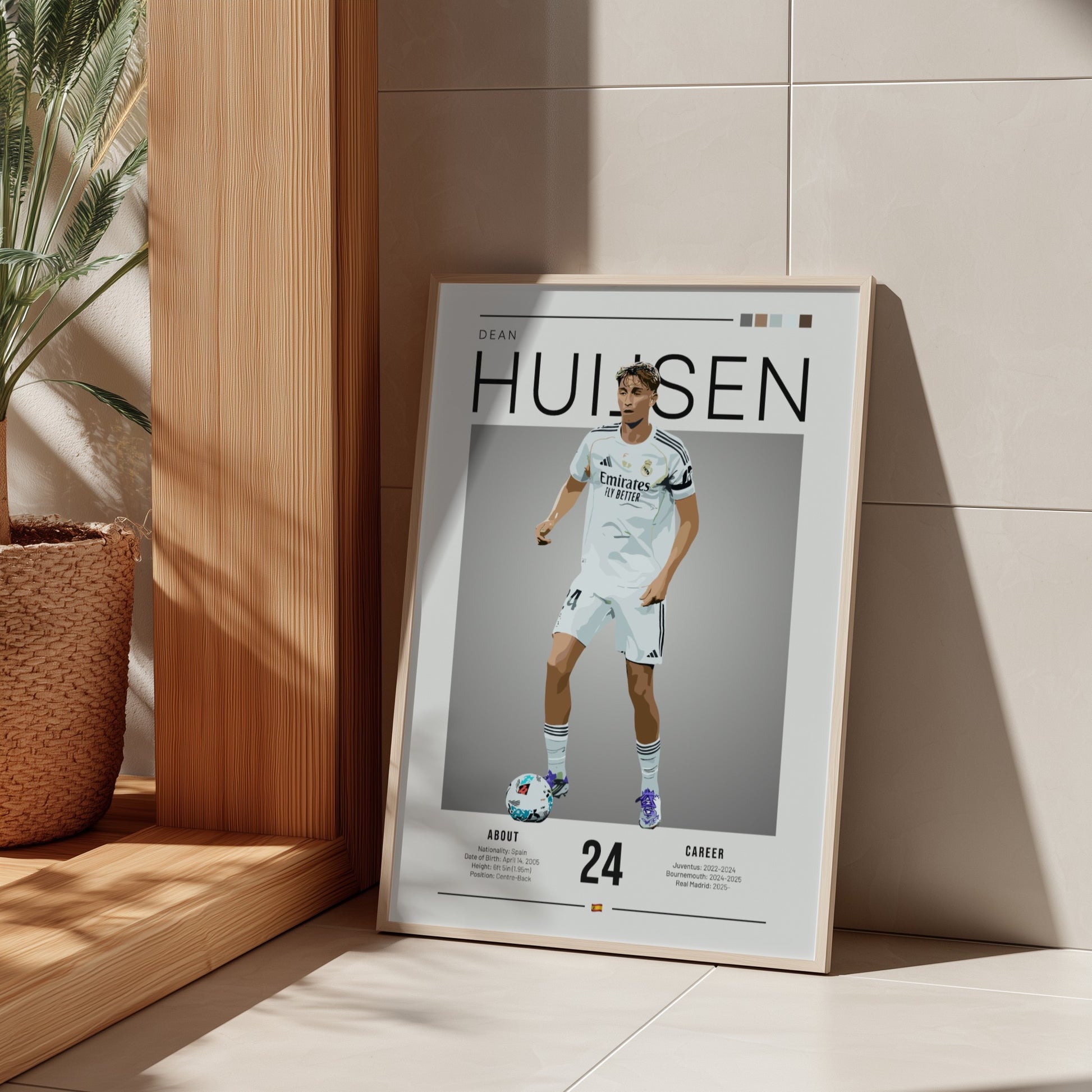 Real Madrid football player poster featuring Dean Huijsen in vibrant colors and modern design
