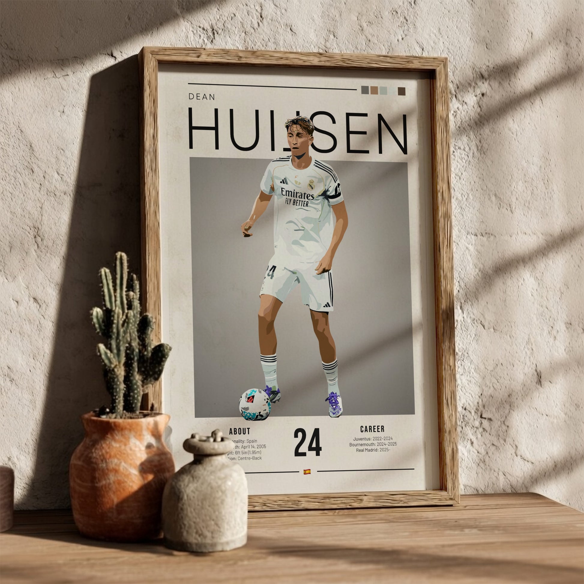 Real Madrid football player poster featuring Dean Huijsen in vibrant colors and modern design