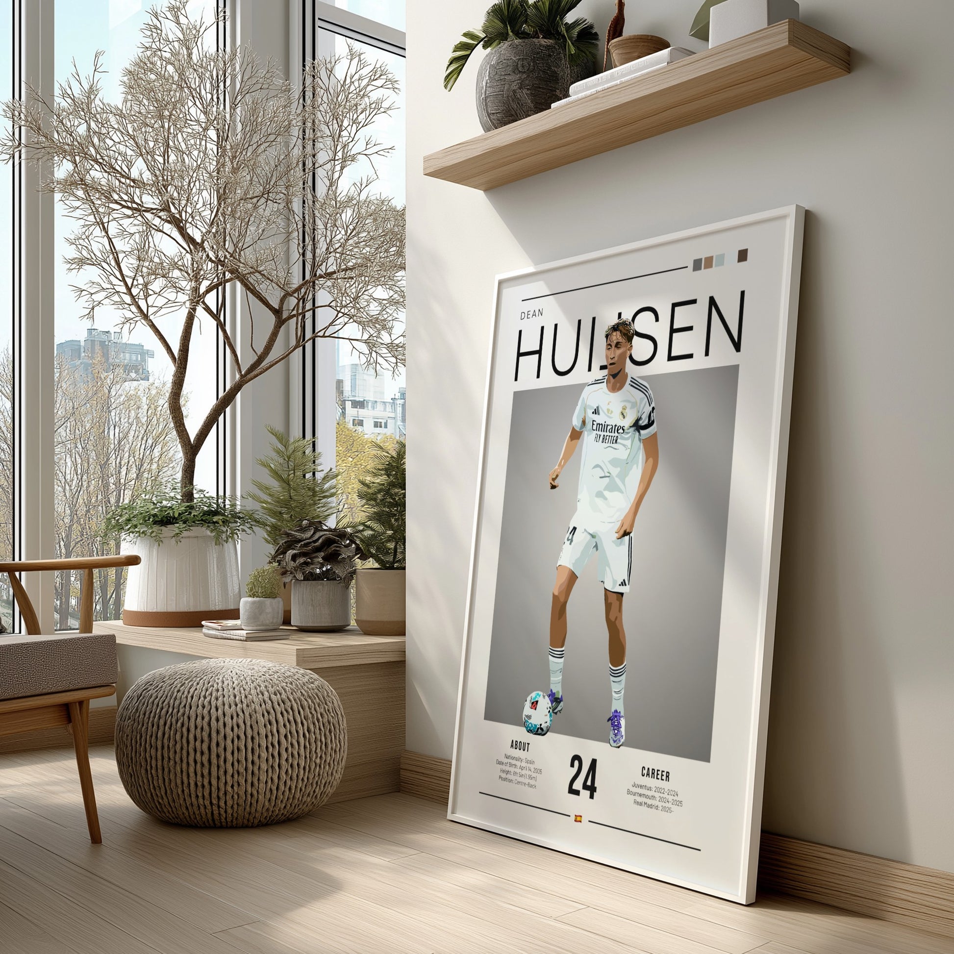 Real Madrid football player poster featuring Dean Huijsen in vibrant colors and modern design