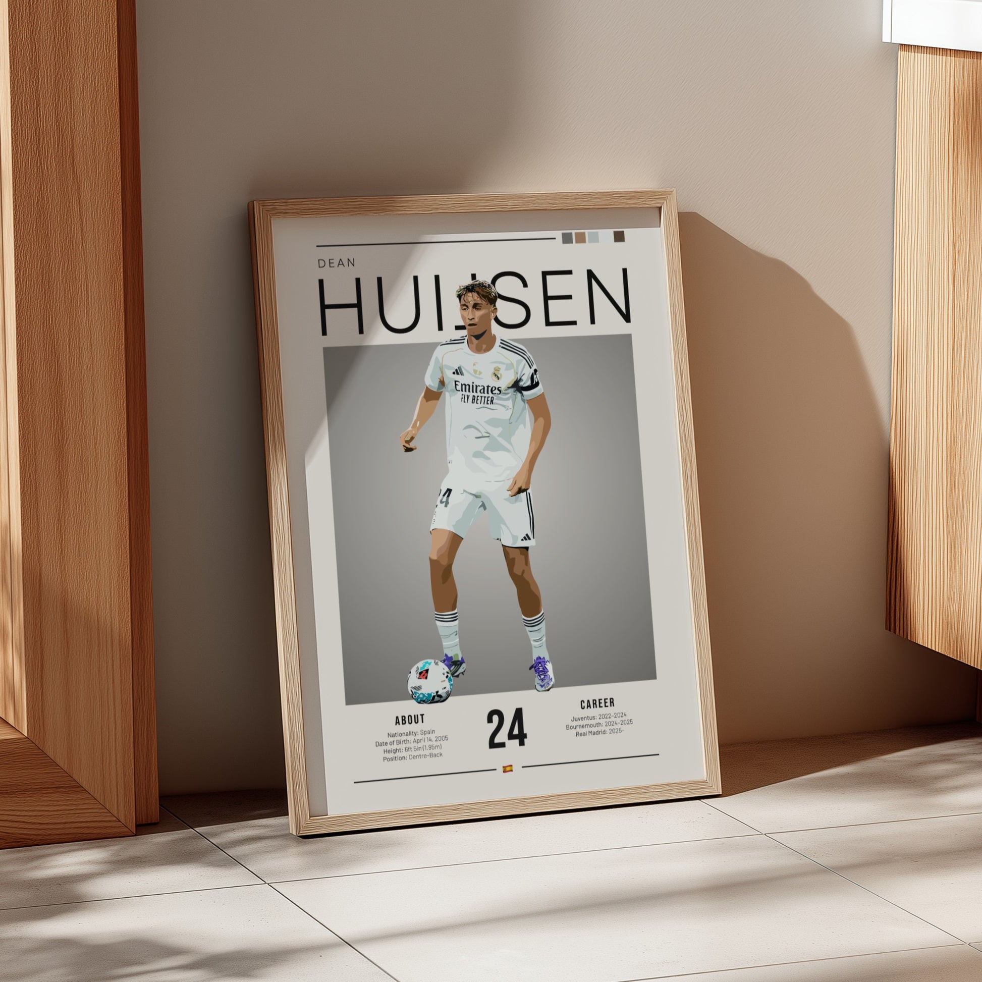 Real Madrid football player poster featuring Dean Huijsen in vibrant colors and modern design