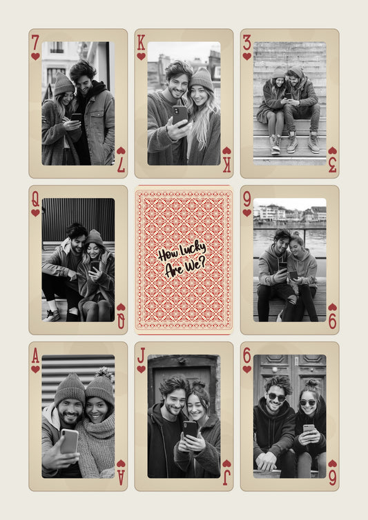 A set of nine greeting cards arranged in a 3x3 grid on a light beige background. The cards feature black-and-white photos of couples taking selfies, with the center card showing a pink patterned back design and the text 'How lucky Are We?'.