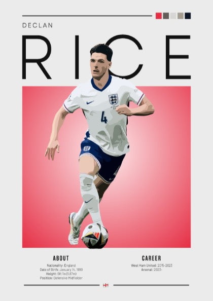 Declan Rice poster featuring vibrant colors and dynamic action for England National Team football decor