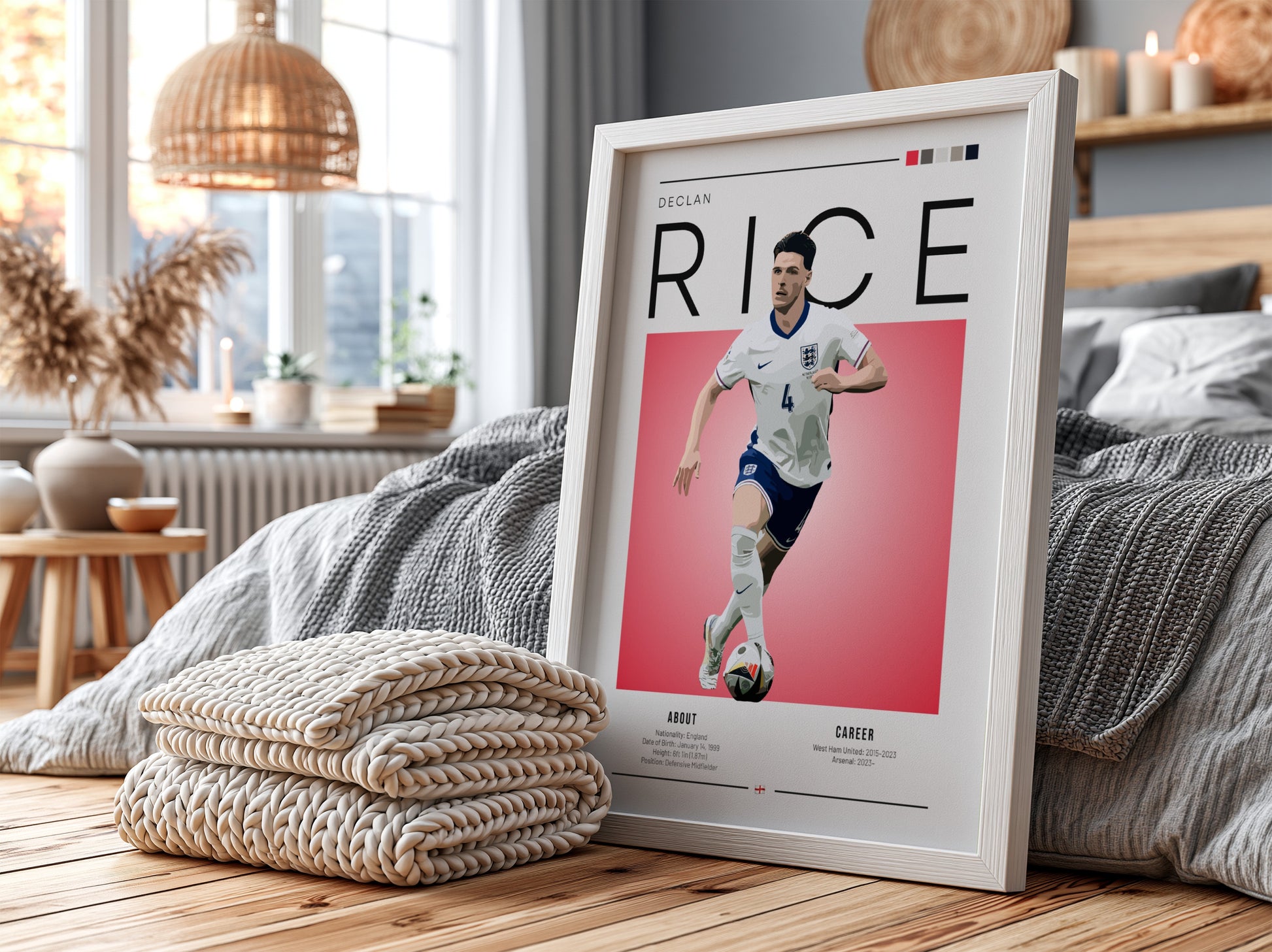 Declan Rice poster featuring vibrant colors and dynamic action for England National Team football decor