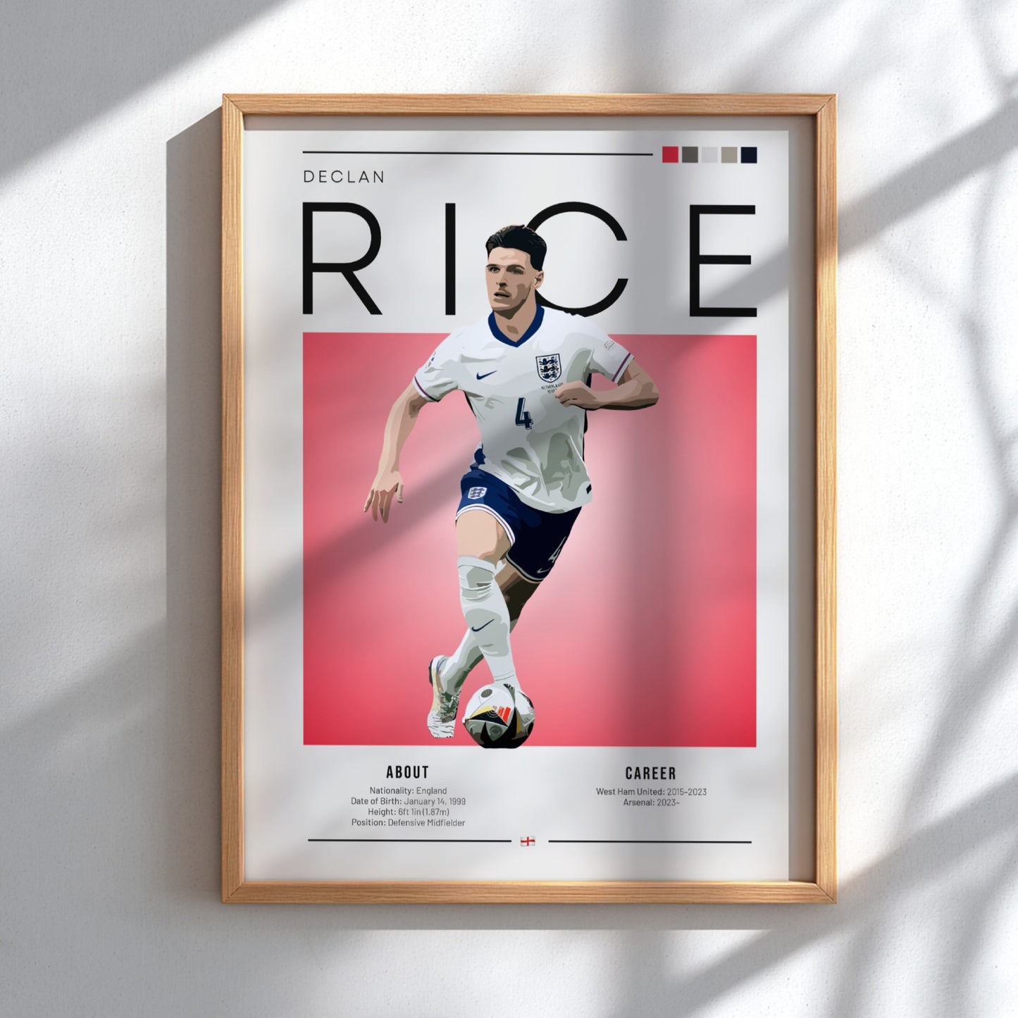 Declan Rice poster featuring vibrant colors and dynamic action for England National Team football decor