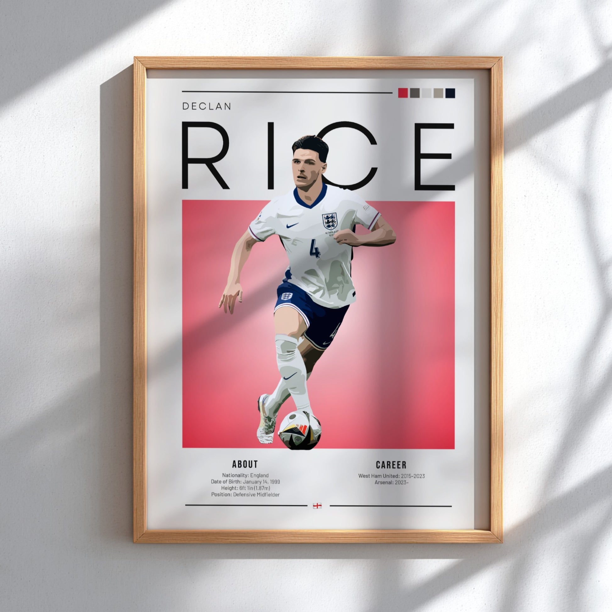 Declan Rice poster featuring vibrant colors and dynamic action for England National Team football decor