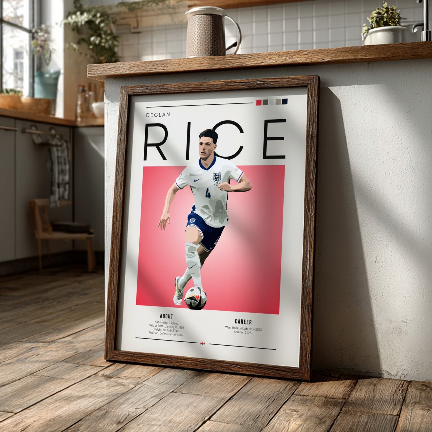Declan Rice poster featuring vibrant colors and dynamic action for England National Team football decor