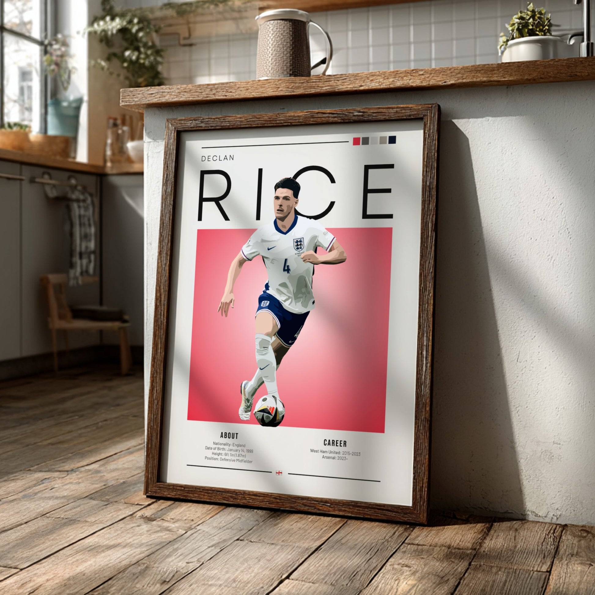 Declan Rice poster featuring vibrant colors and dynamic action for England National Team football decor