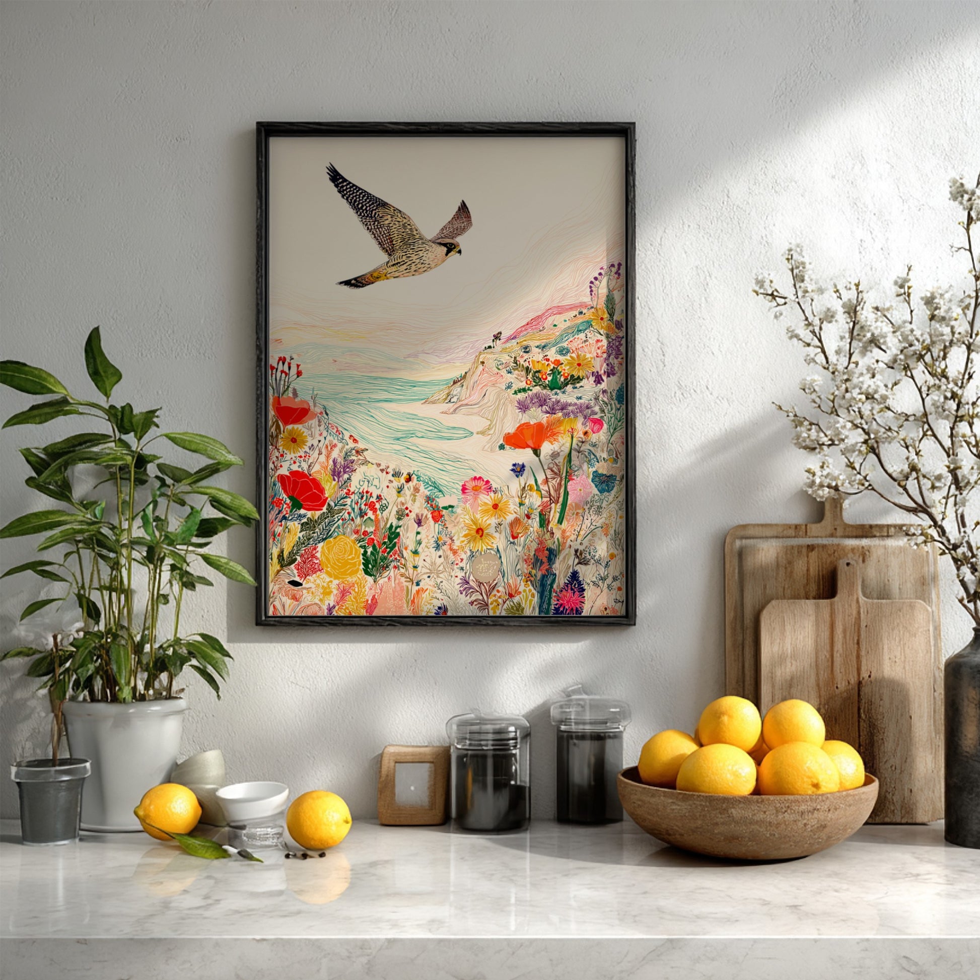 Clifftop Falcon Bloom poster featuring a falcon flying over a colorful floral cliffside and sea.