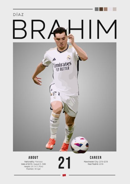 Brahim Díaz poster in Real Madrid football shirt, modern art style with dynamic movement and vibrant colors.