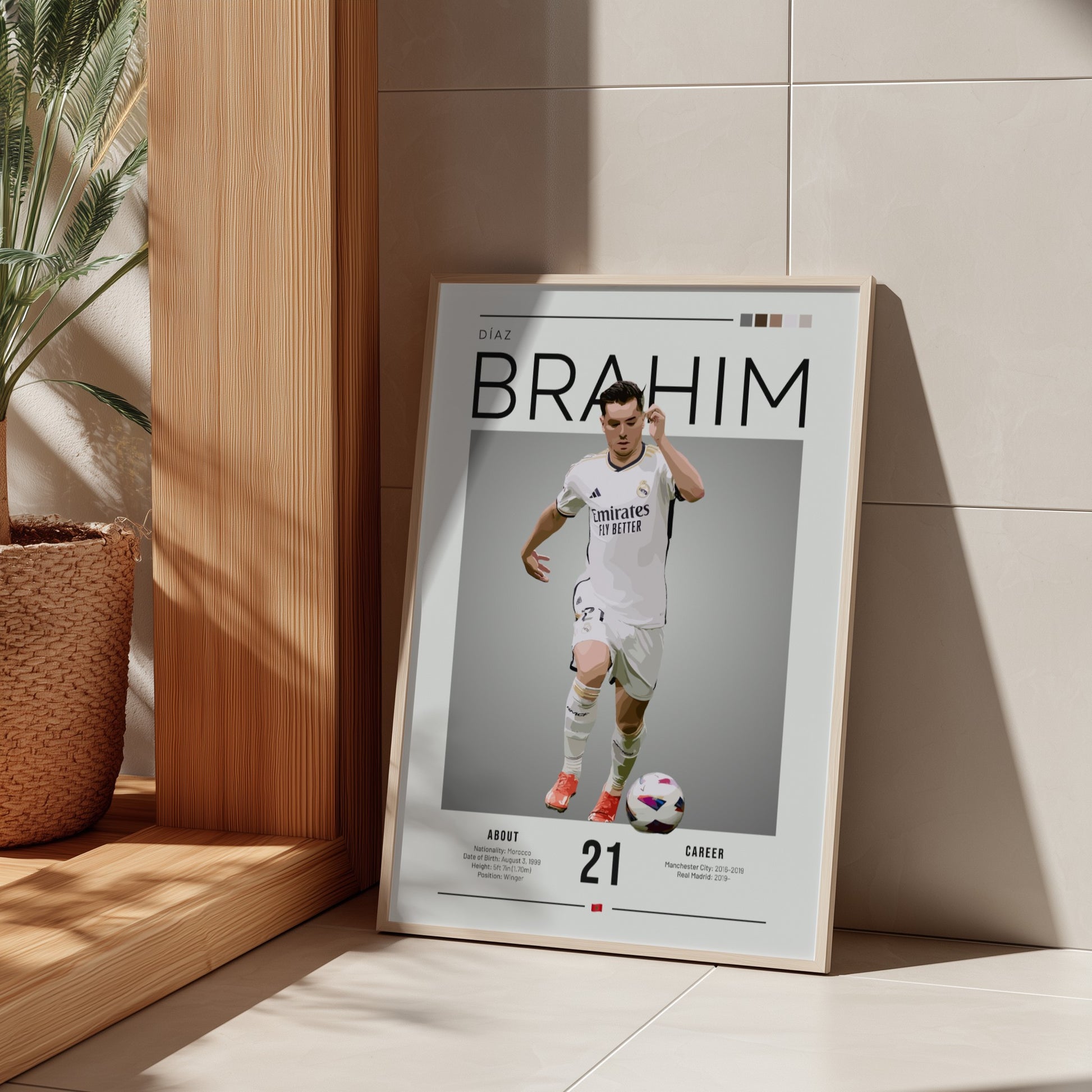 Brahim Díaz poster in Real Madrid football shirt, modern art style with dynamic movement and vibrant colors.