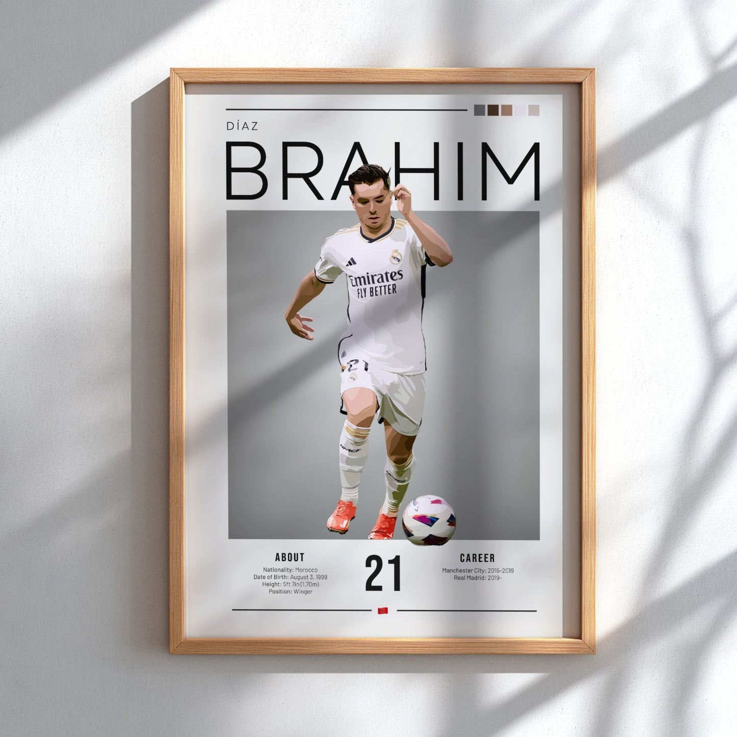Brahim Díaz poster in Real Madrid football shirt, modern art style with dynamic movement and vibrant colors.