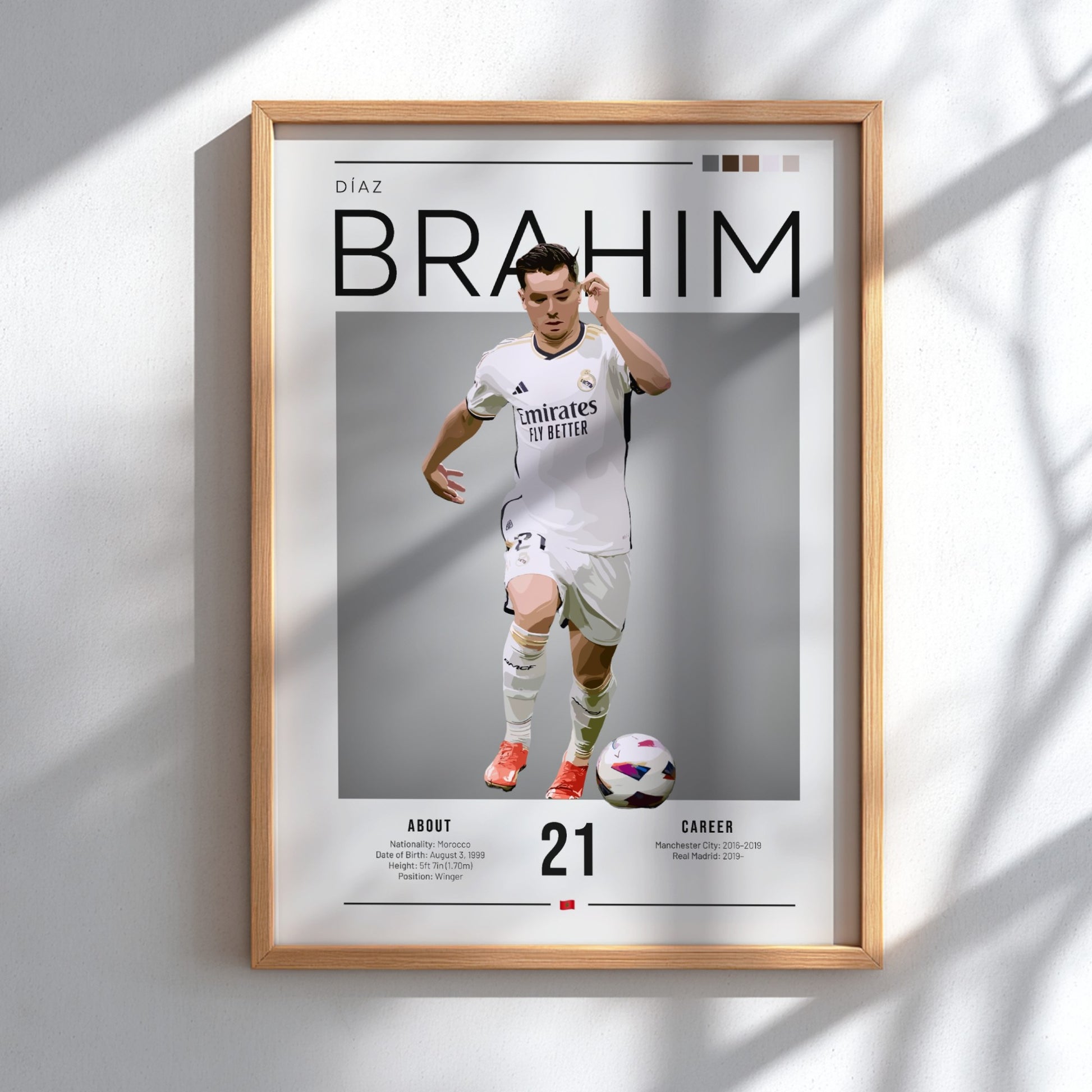 Brahim Díaz poster in Real Madrid football shirt, modern art style with dynamic movement and vibrant colors.