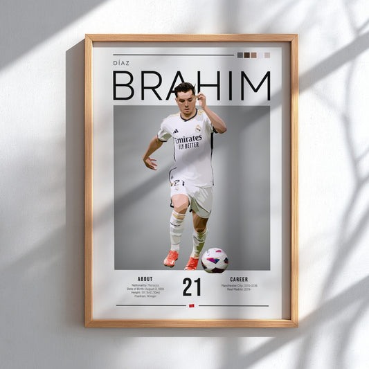 Brahim Díaz poster in Real Madrid football shirt, modern art style with dynamic movement and vibrant colors.
