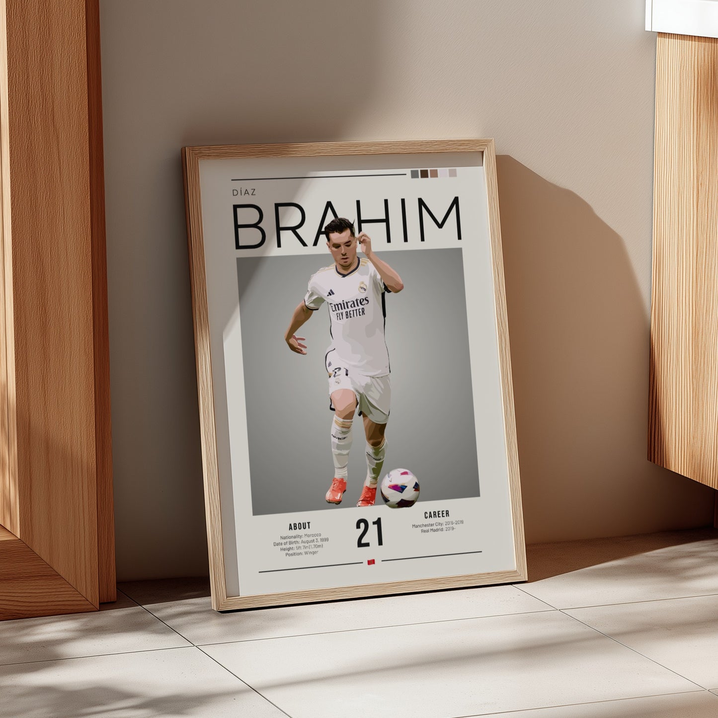 Brahim Díaz poster in Real Madrid football shirt, modern art style with dynamic movement and vibrant colors.
