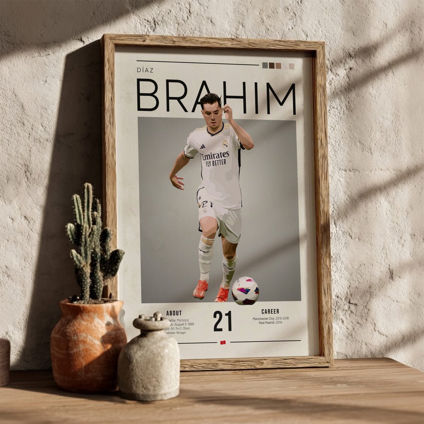 Brahim Díaz poster in Real Madrid football shirt, modern art style with dynamic movement and vibrant colors.