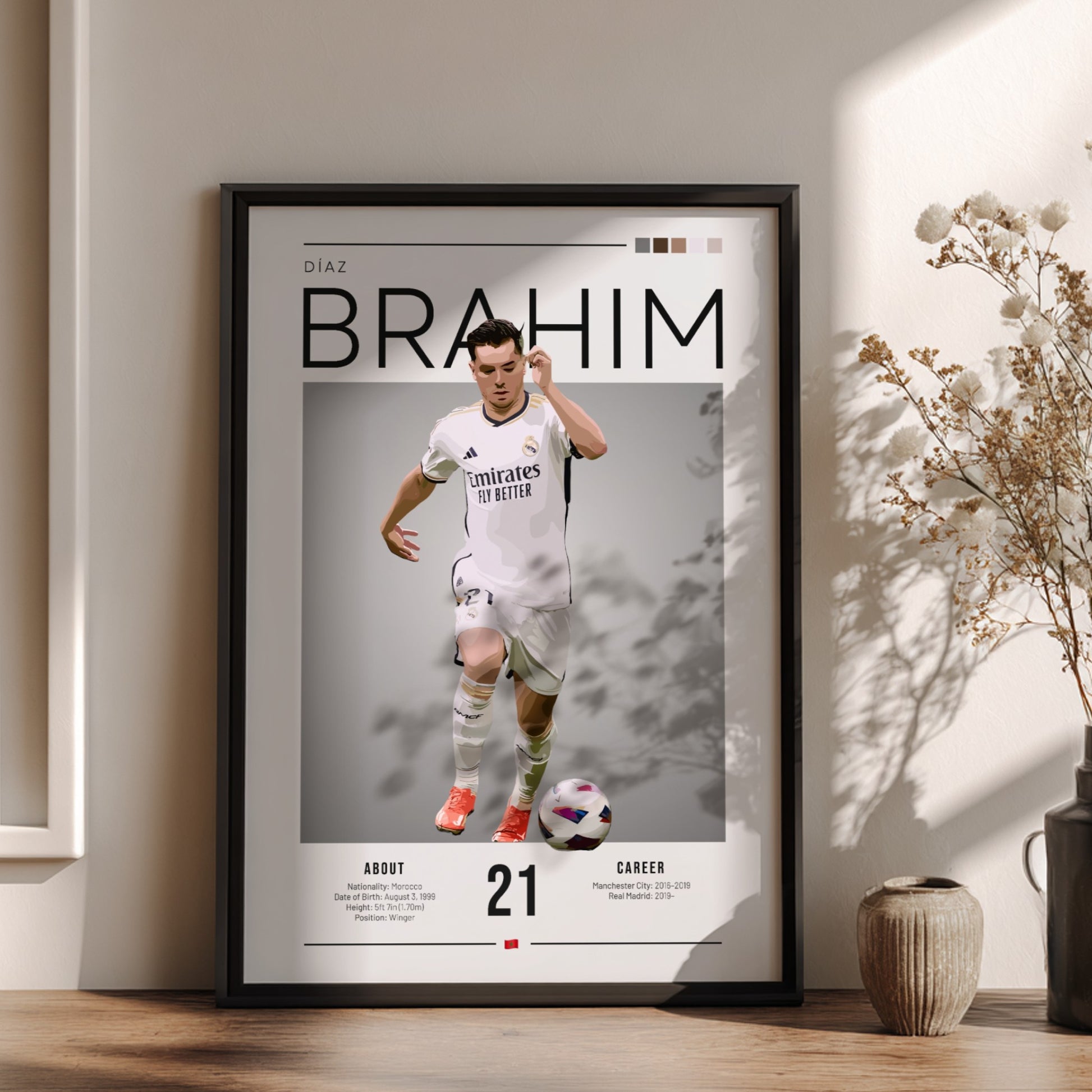 Brahim Díaz poster in Real Madrid football shirt, modern art style with dynamic movement and vibrant colors.