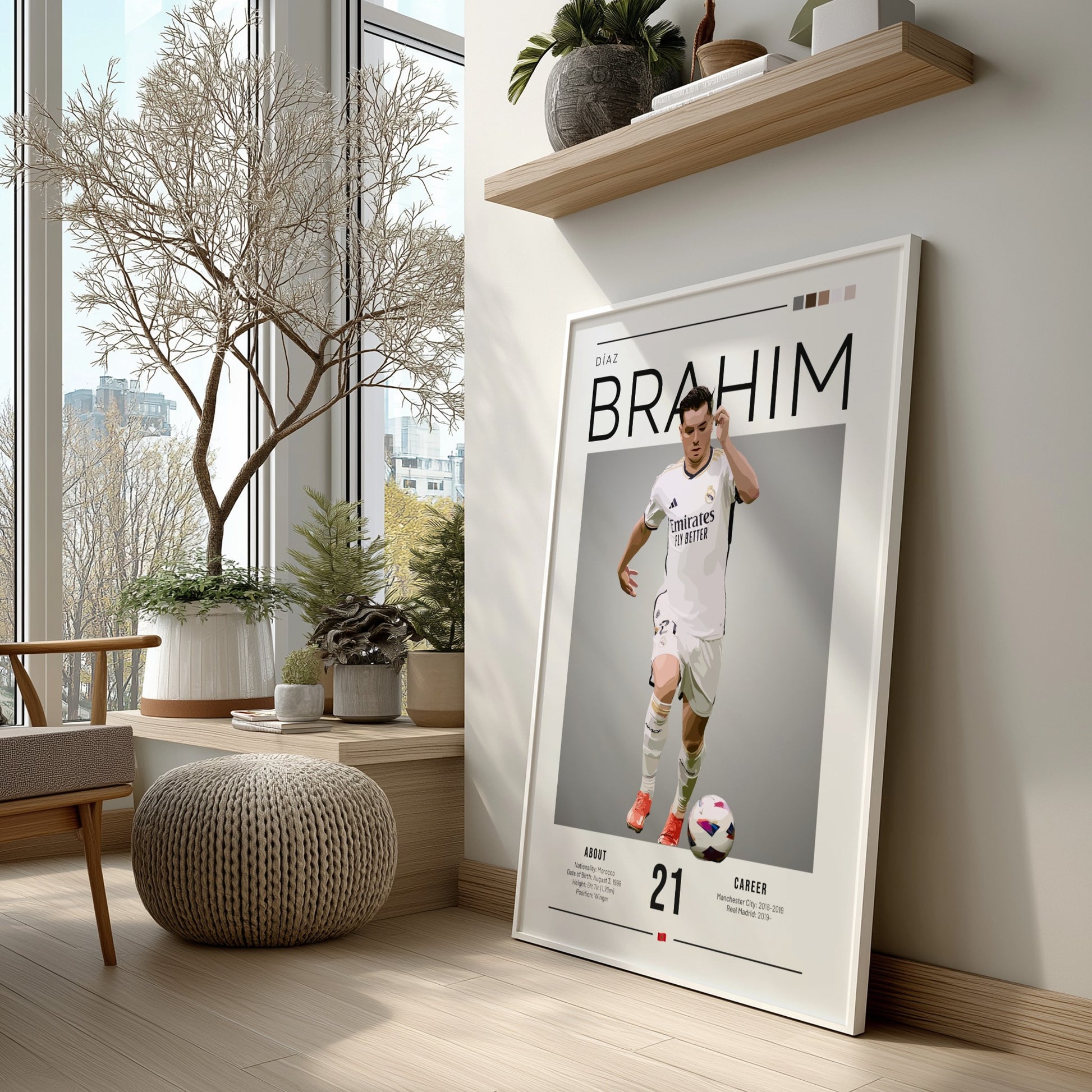 Brahim Díaz poster in Real Madrid football shirt, modern art style with dynamic movement and vibrant colors.