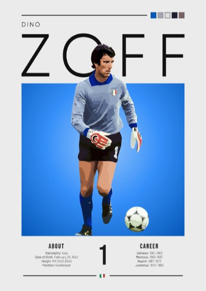 Dino Zoff poster featuring vibrant blue background and goalkeeper design, showcasing Italian football legend