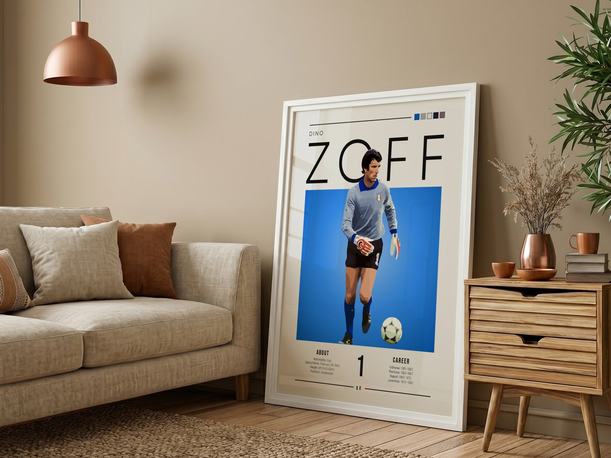 Dino Zoff poster featuring vibrant blue background and goalkeeper design, showcasing Italian football legend