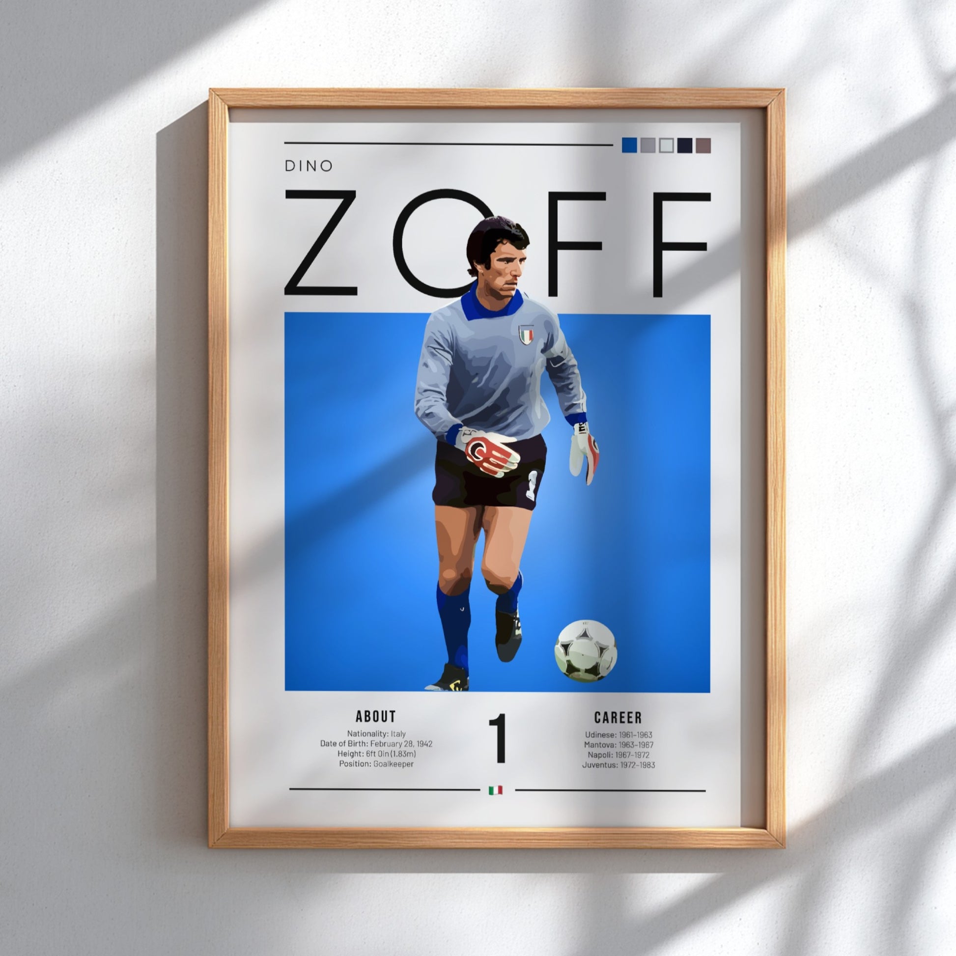 Dino Zoff poster featuring vibrant blue background and goalkeeper design, showcasing Italian football legend