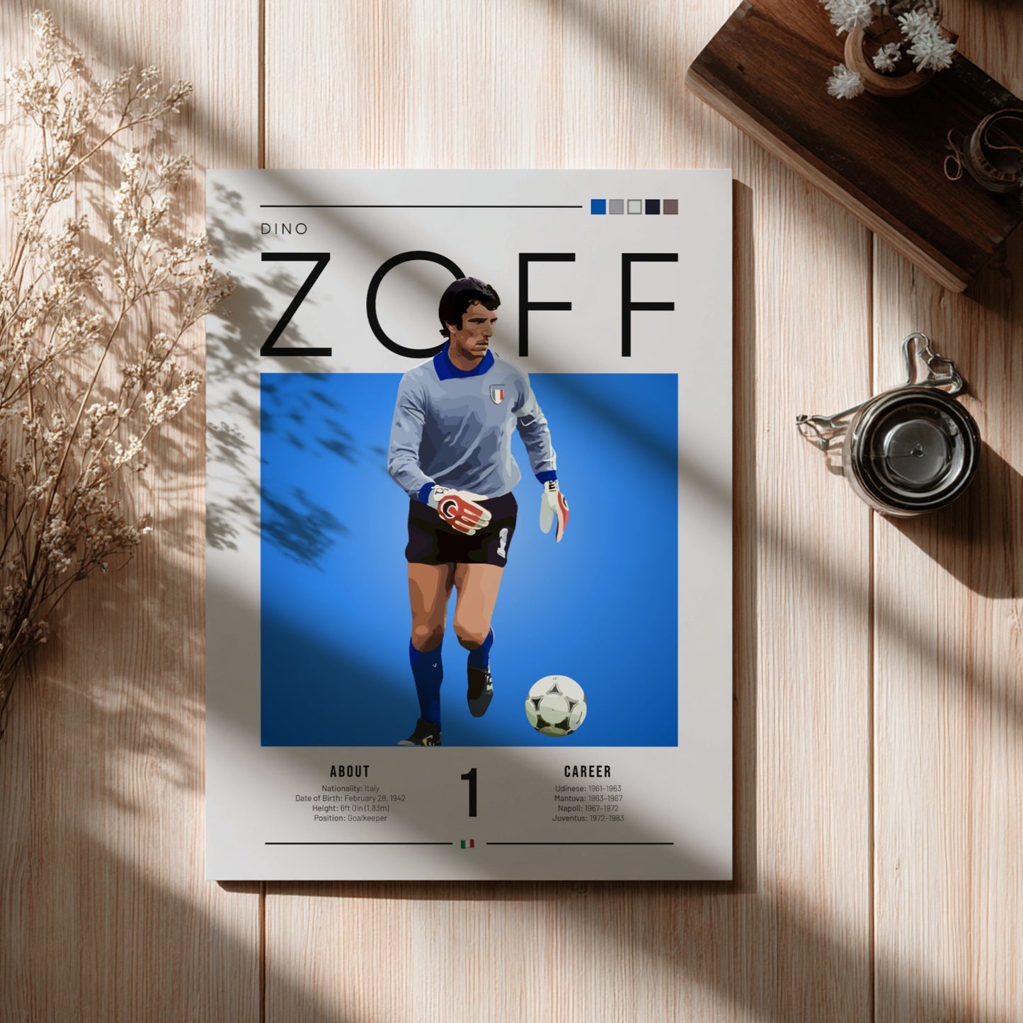 Dino Zoff poster featuring vibrant blue background and goalkeeper design, showcasing Italian football legend
