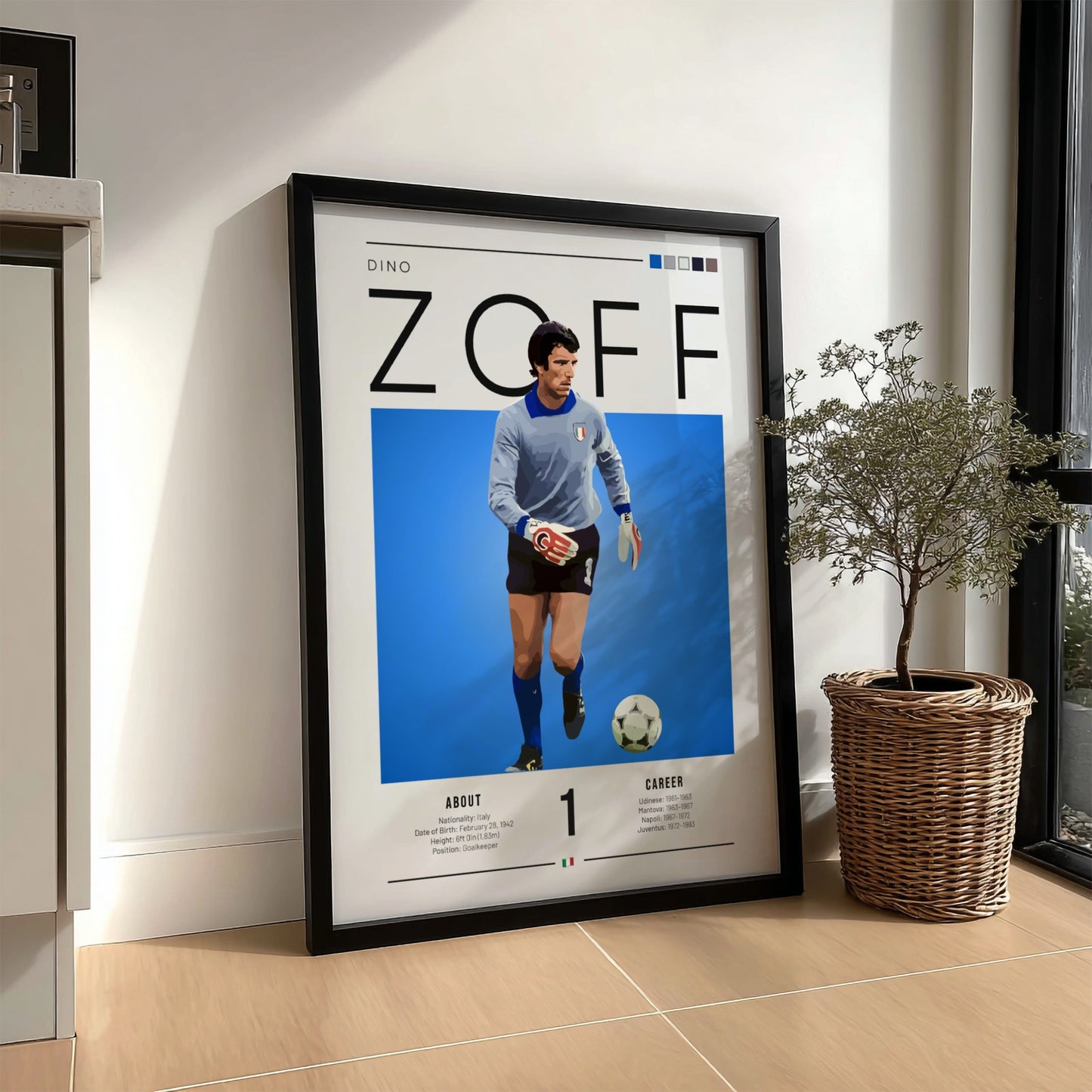 Dino Zoff poster featuring vibrant blue background and goalkeeper design, showcasing Italian football legend