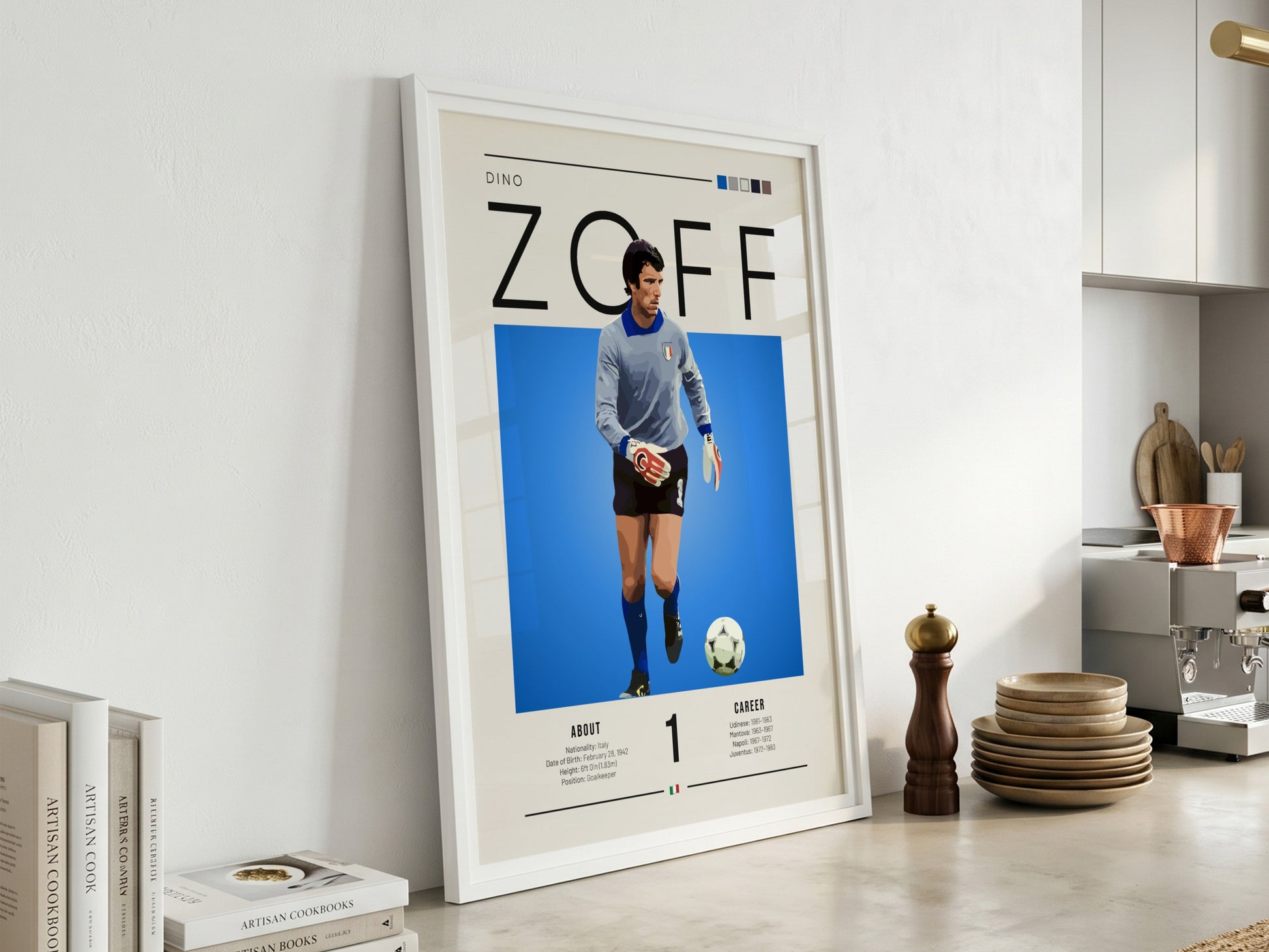 Dino Zoff poster featuring vibrant blue background and goalkeeper design, showcasing Italian football legend