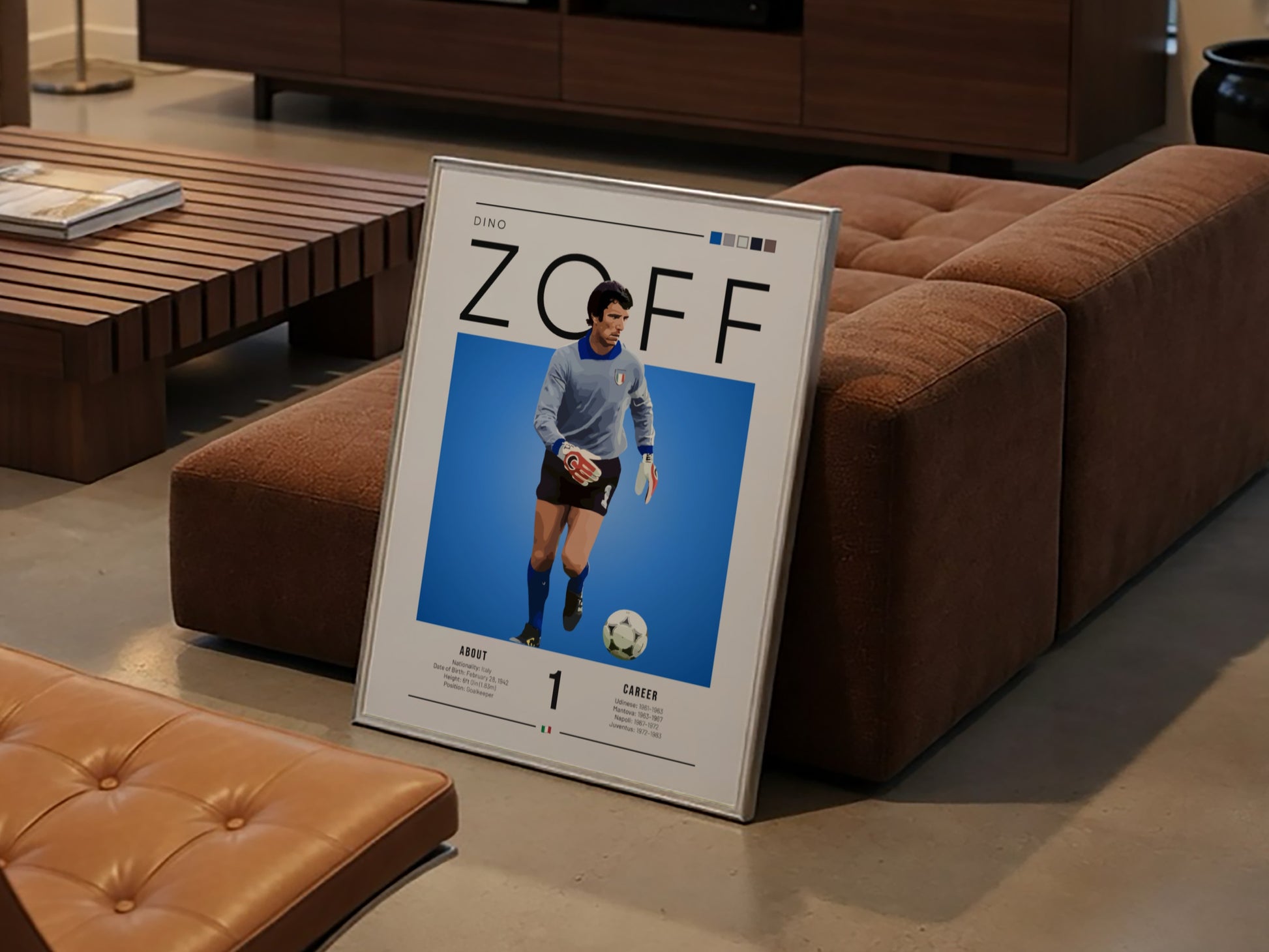Dino Zoff poster featuring vibrant blue background and goalkeeper design, showcasing Italian football legend