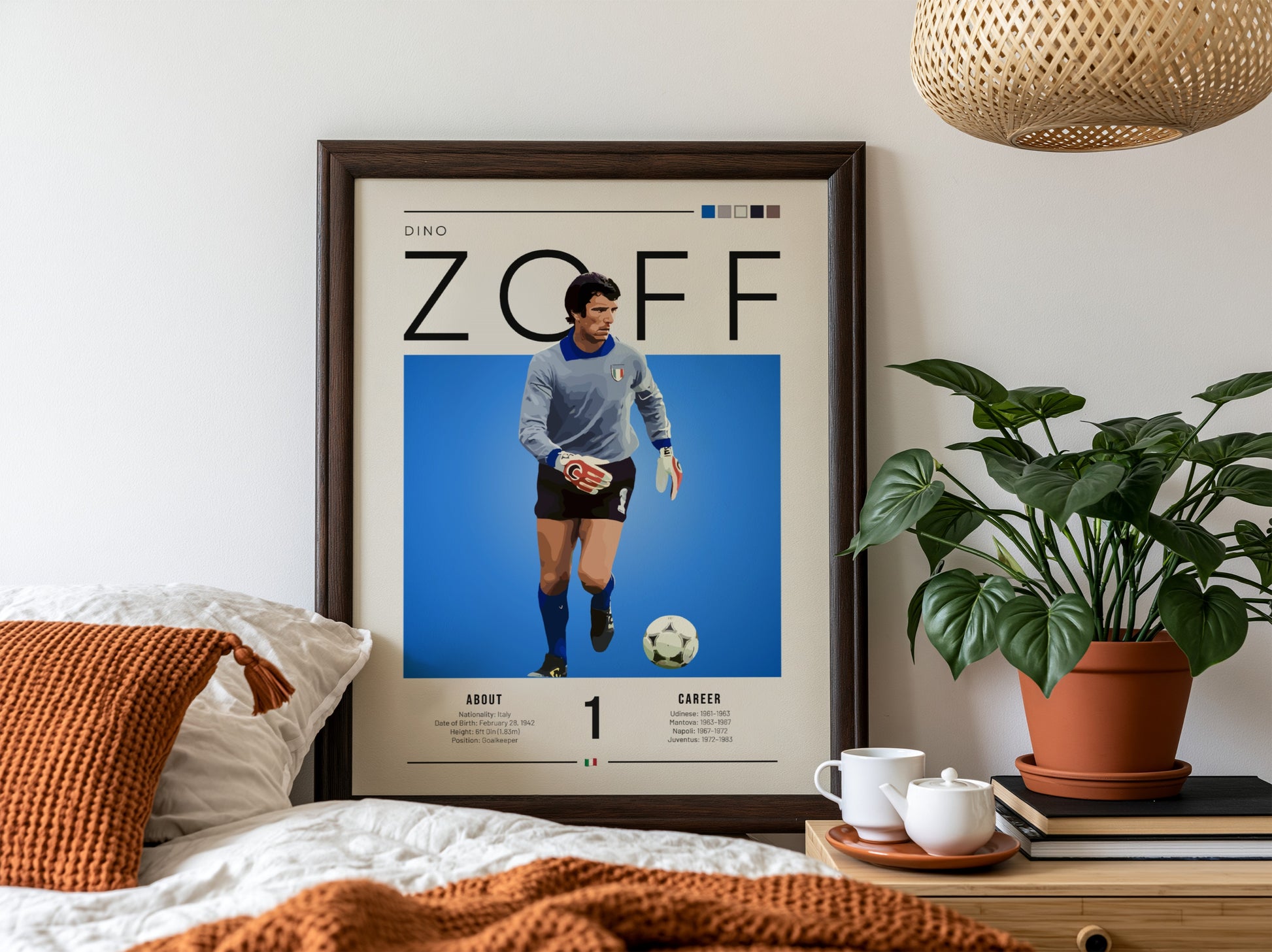 Dino Zoff poster featuring vibrant blue background and goalkeeper design, showcasing Italian football legend