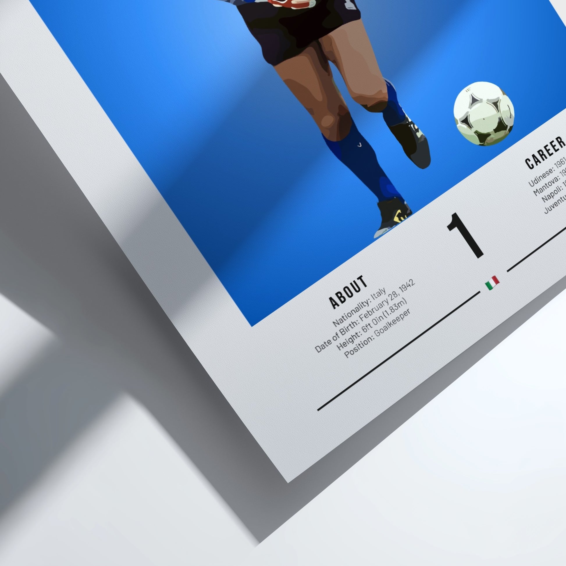 Dino Zoff poster featuring vibrant blue background and goalkeeper design, showcasing Italian football legend