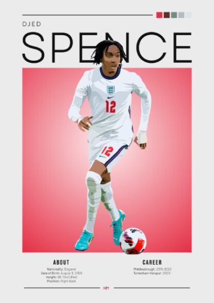 Djed Spence poster featuring England National Team colors and dynamic action pose