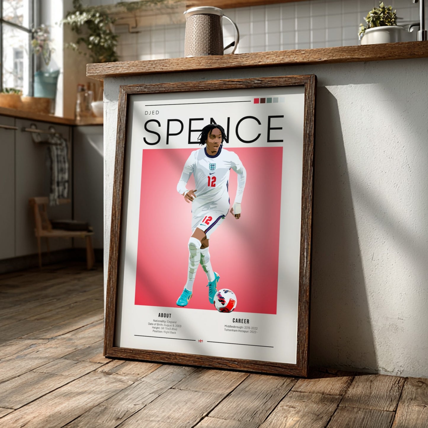 Djed Spence poster featuring England National Team colors and dynamic action pose