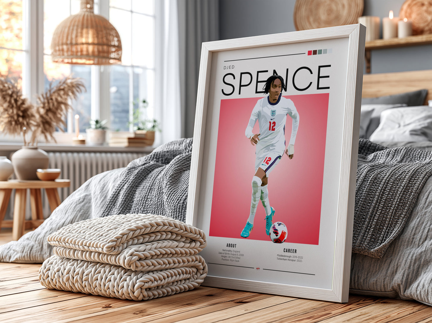Djed Spence poster featuring England National Team colors and dynamic action pose