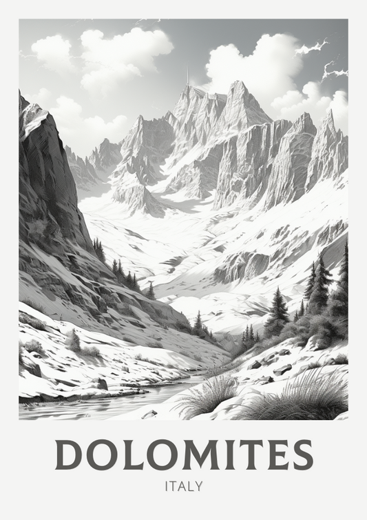 Affiche en noir et blanc des Dolomites