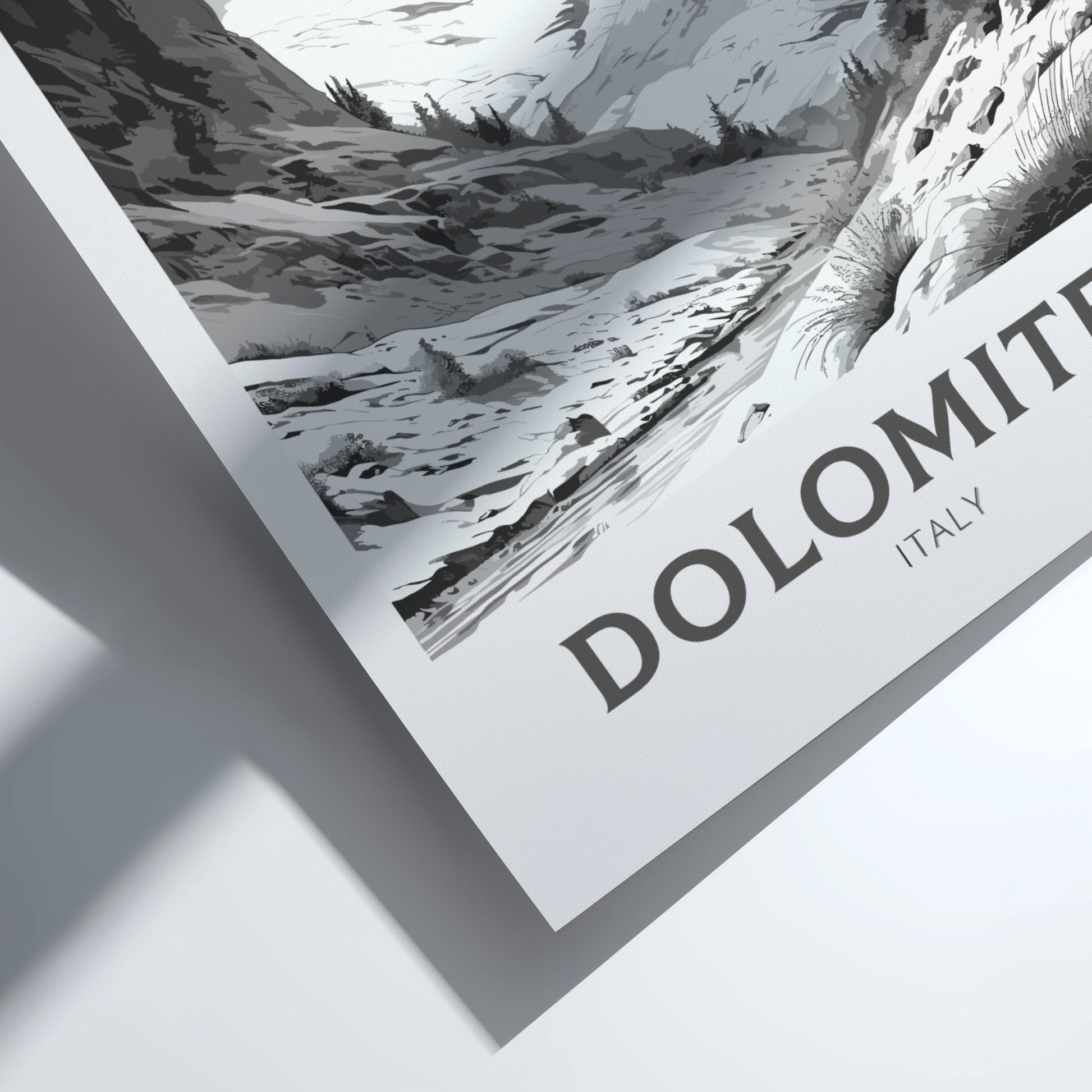 Framed artwork of a mountain landscape with 'Dolomiti Italy' text.