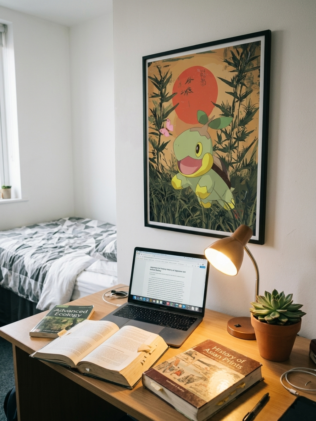 Study area with a laptop, books, and a lamp on a desk, featuring a framed picture of a cartoon character on the wall.