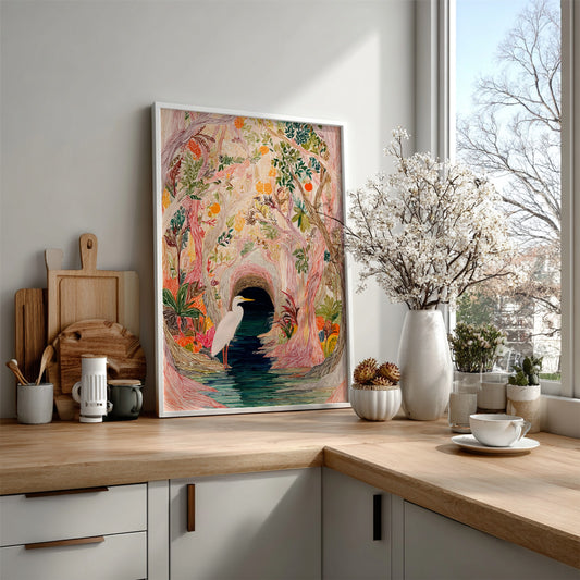 Mangrove Heron Art Print featuring a white heron by a dark water channel in a colorful, textured for