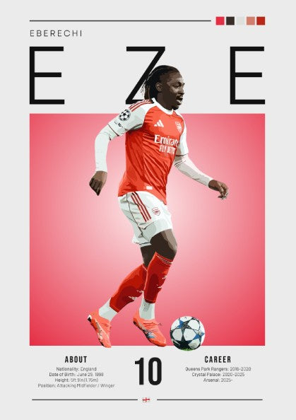 Eberechi Eze poster featuring vibrant colors and dynamic football action, perfect for sports wall art.