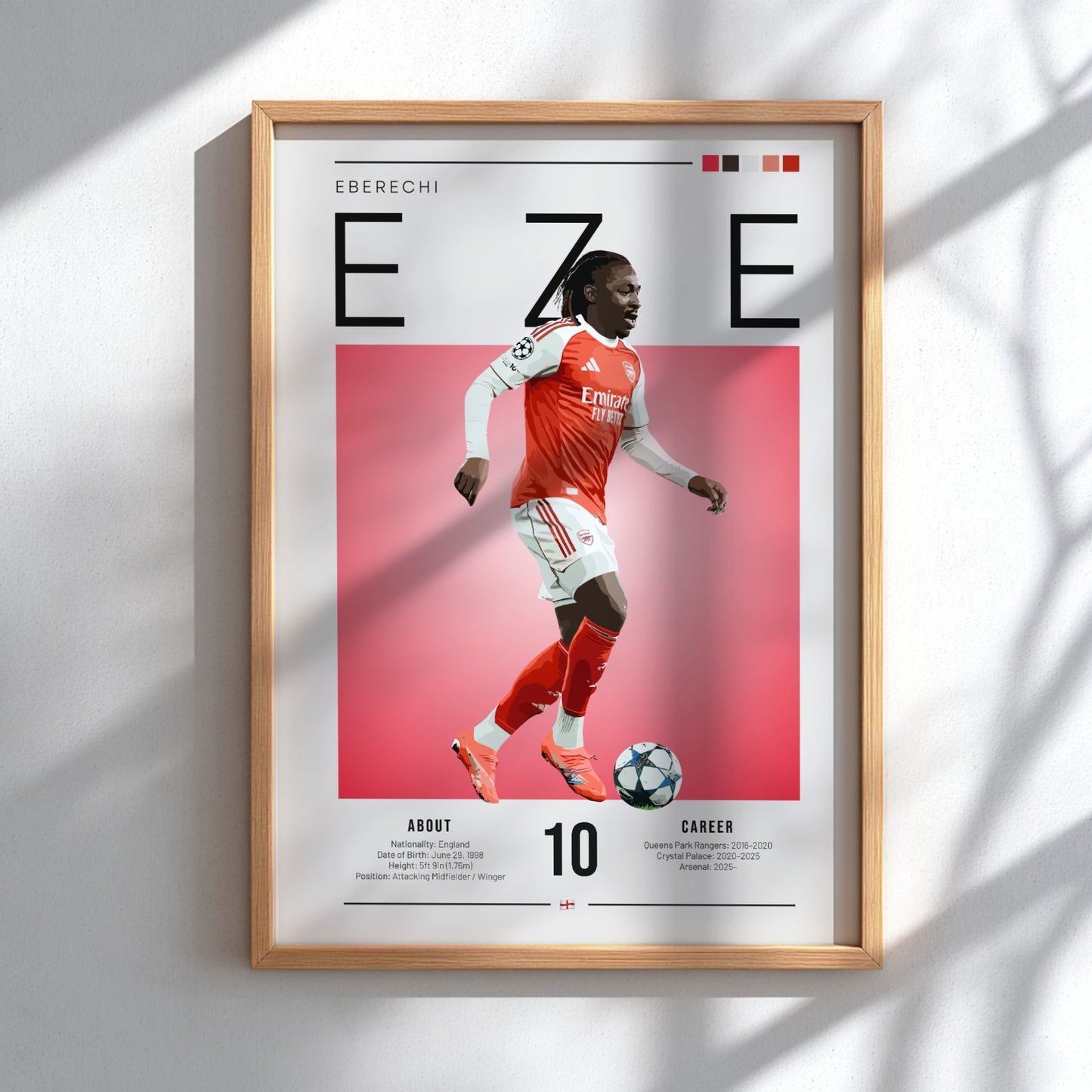 Eberechi Eze poster featuring vibrant colors and dynamic football action, perfect for sports wall art.