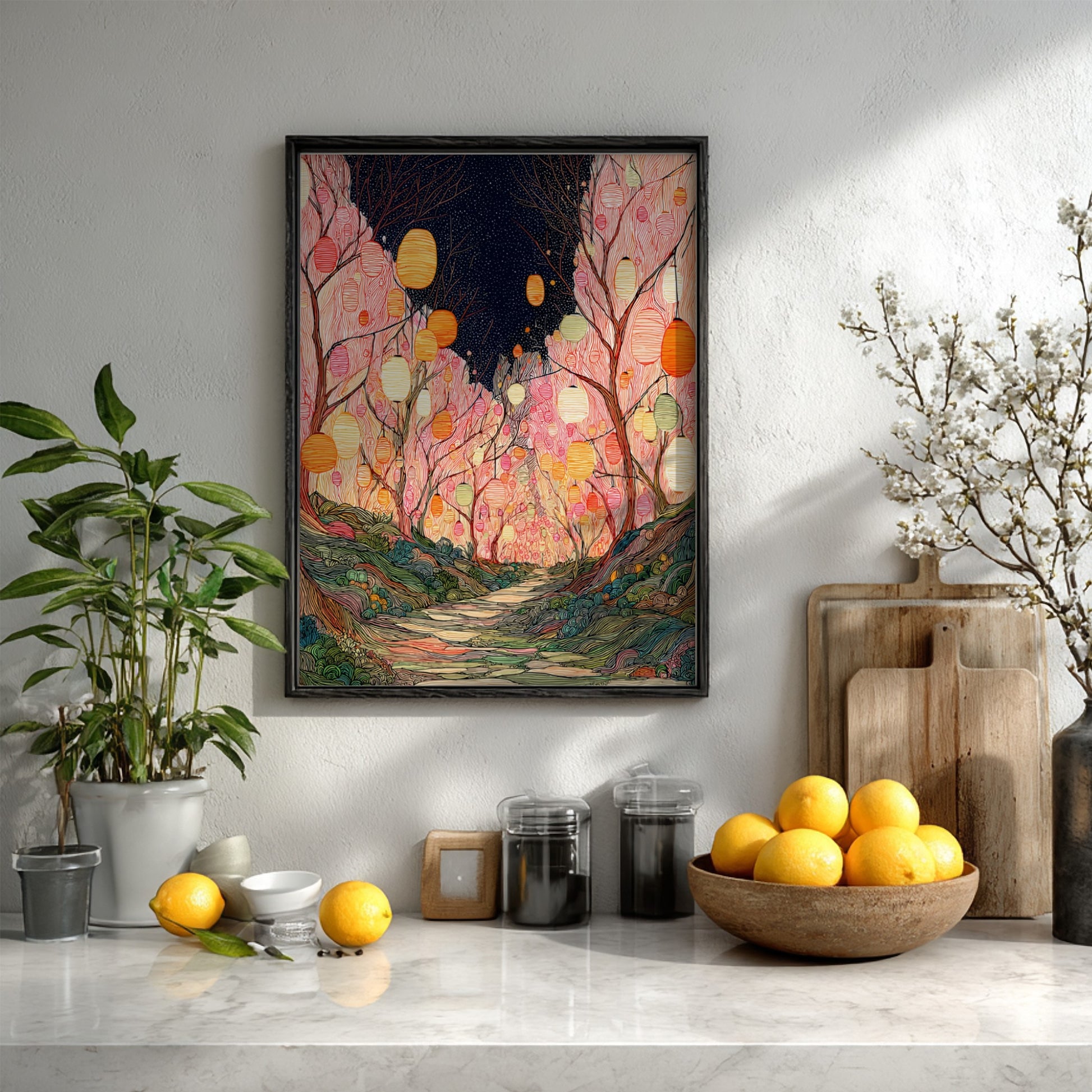 Blossom Tanuki Lantern wall art featuring a forest path lit by hanging lanterns.