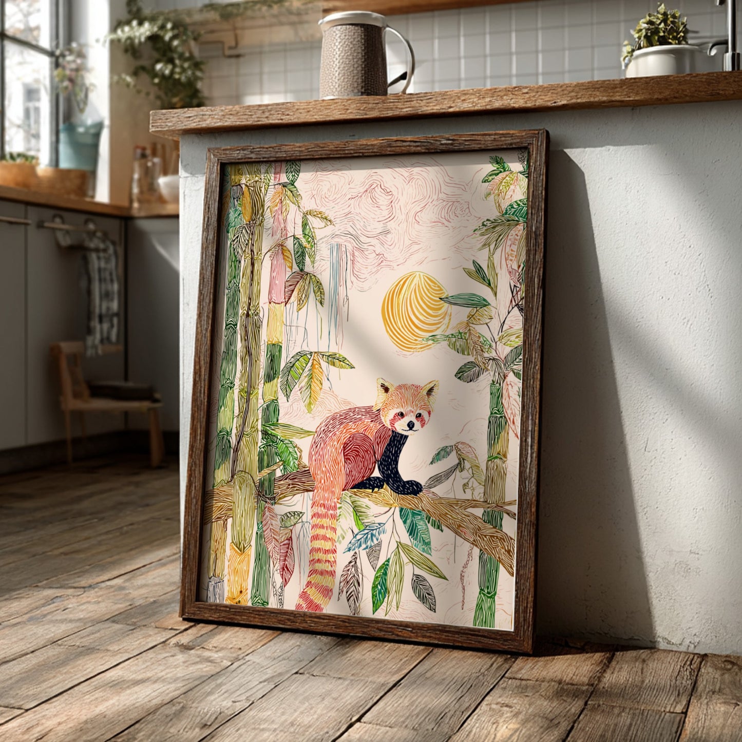 Red panda sitting on a branch in a bamboo forest with a soft sunrise, textured art print.