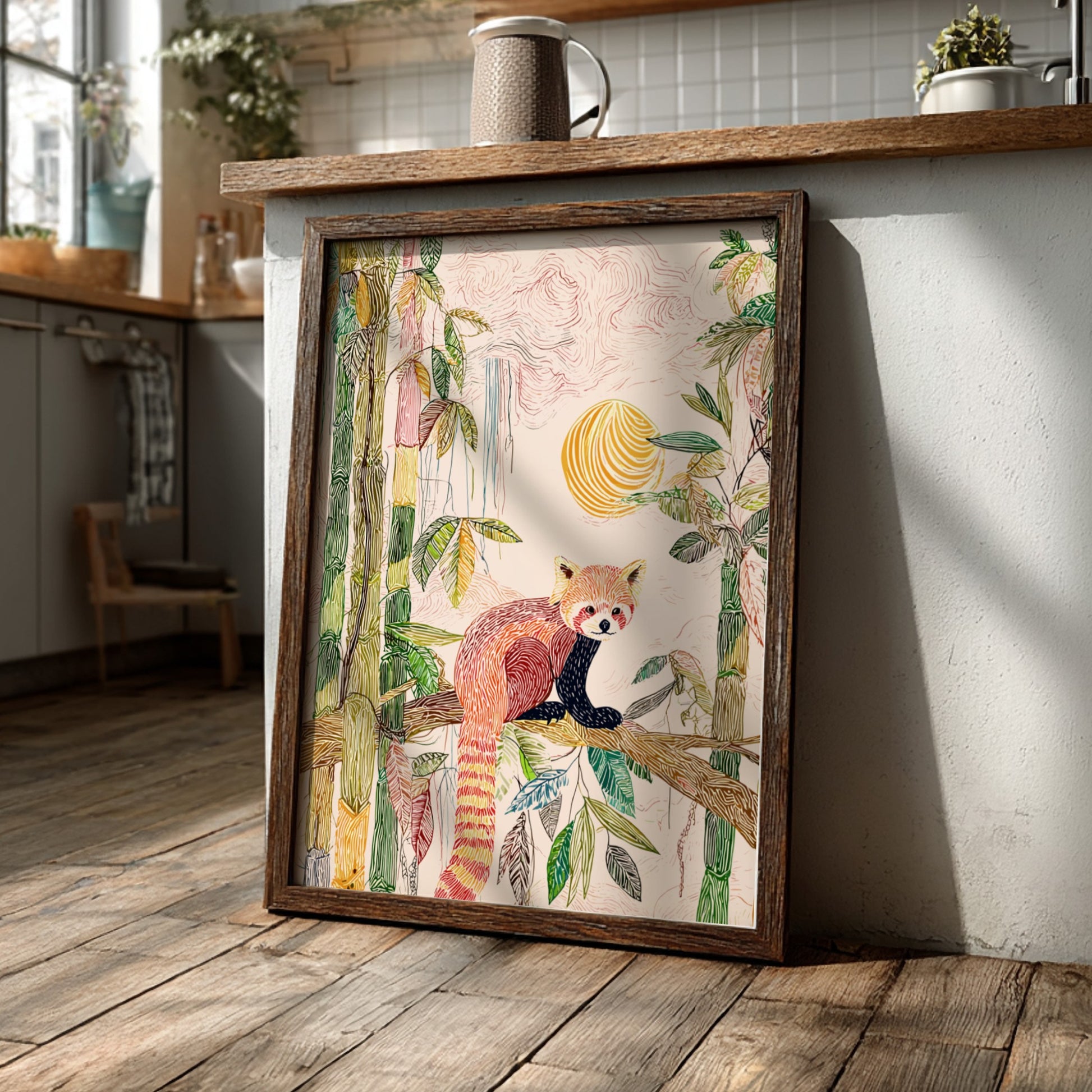 Red panda sitting on a branch in a bamboo forest with a soft sunrise, textured art print.