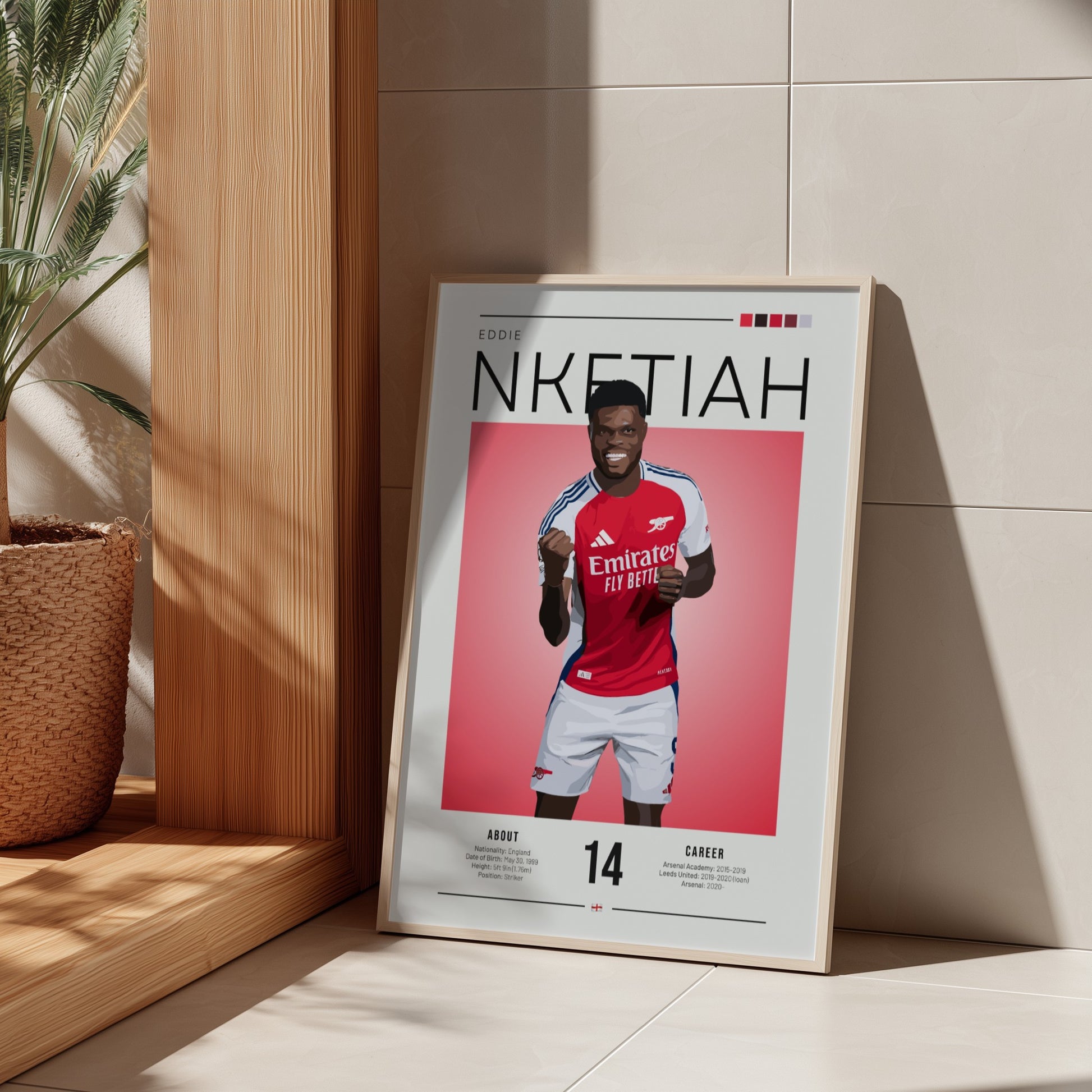 Eddie Nketiah poster featuring vibrant colors and dynamic design, perfect for sports wall art.