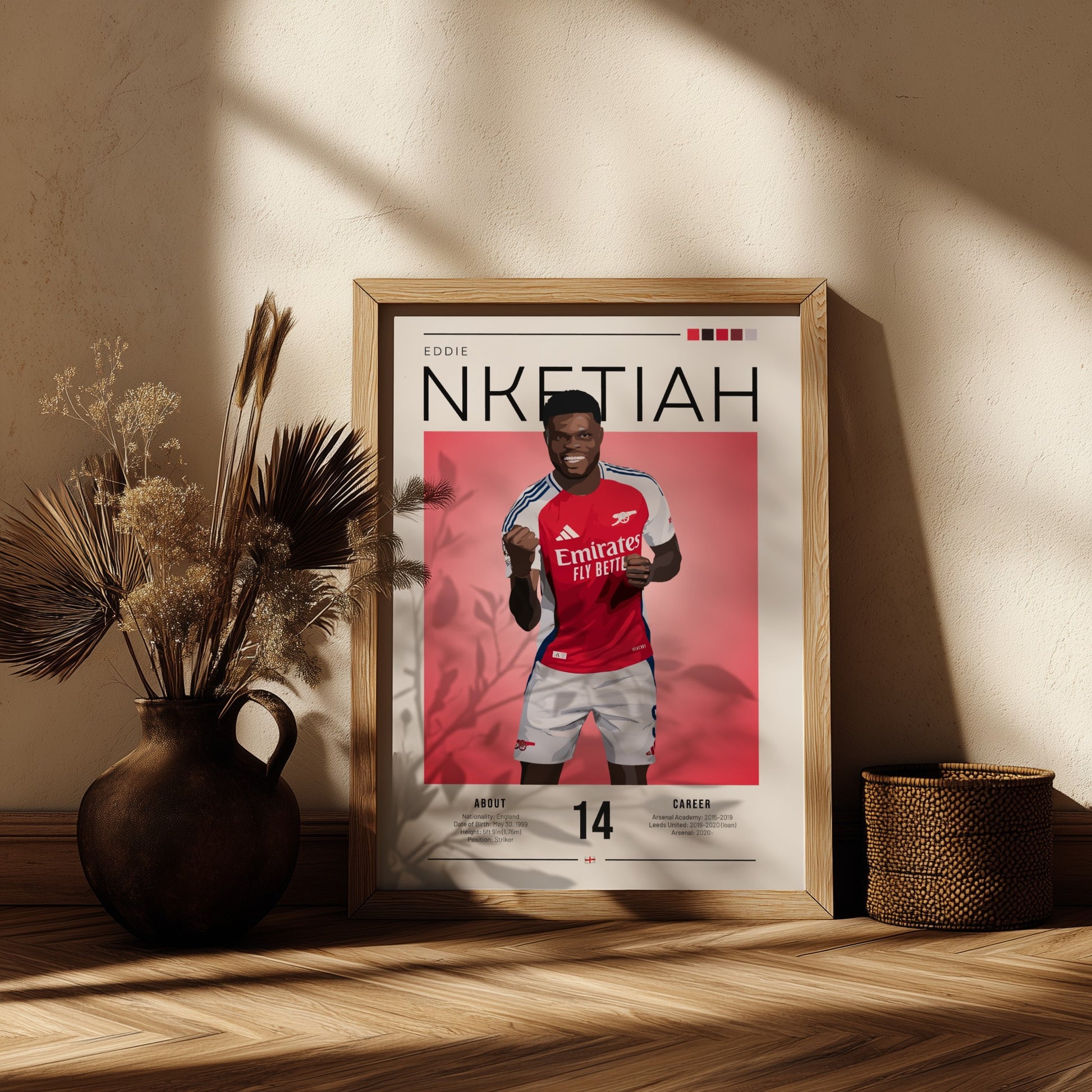 Eddie Nketiah poster featuring vibrant colors and dynamic design, perfect for sports wall art.