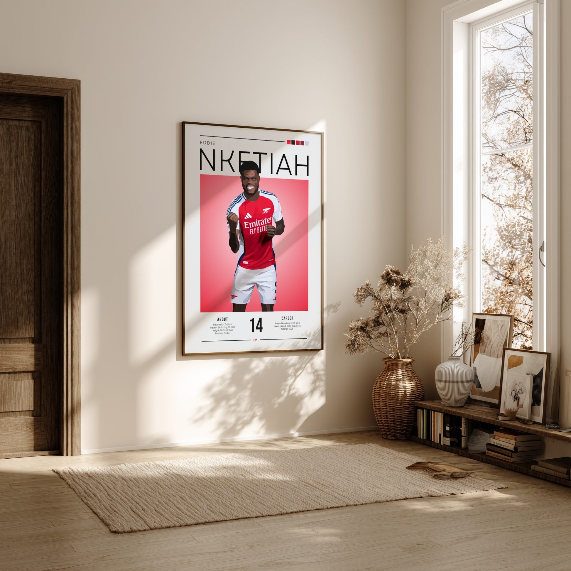 Eddie Nketiah poster featuring vibrant colors and dynamic design, perfect for sports wall art.