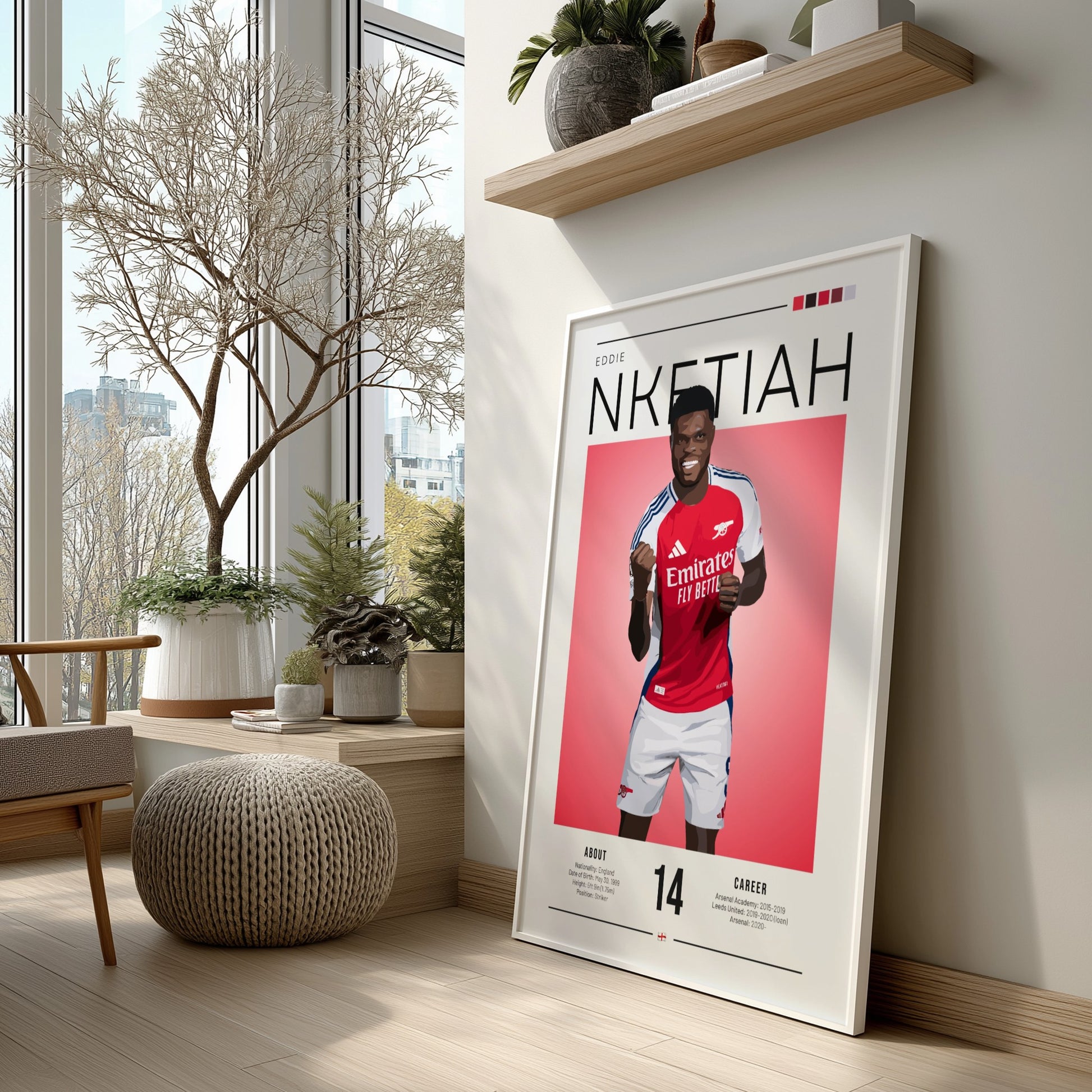 Eddie Nketiah poster featuring vibrant colors and dynamic design, perfect for sports wall art.