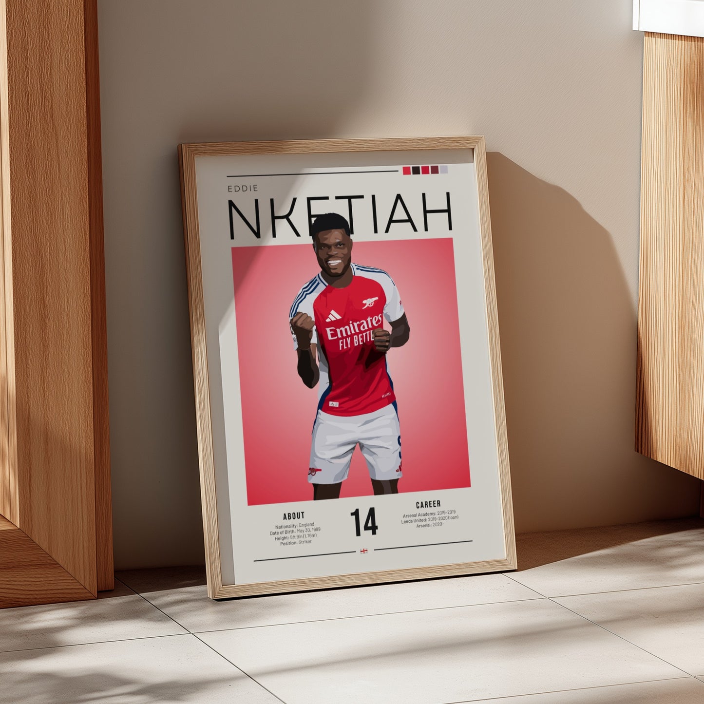 Eddie Nketiah poster featuring vibrant colors and dynamic design, perfect for sports wall art.